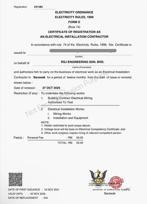 Electrical Installation Contractor certificate