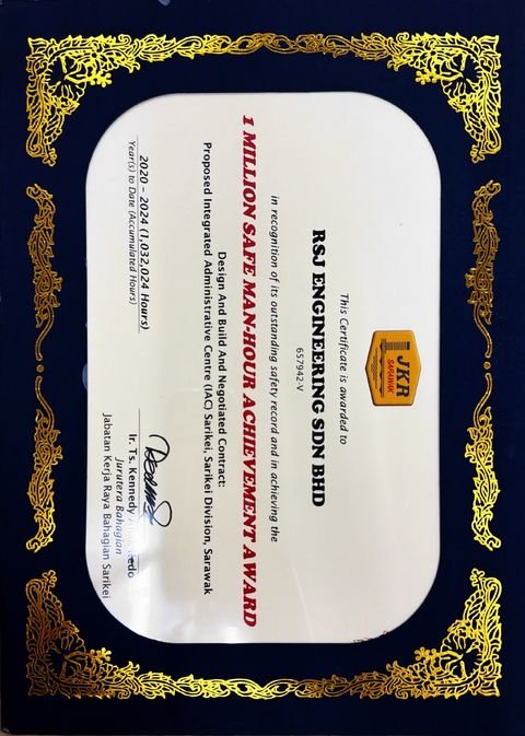1 Million Safe Man-Hour Achievement Award certificate